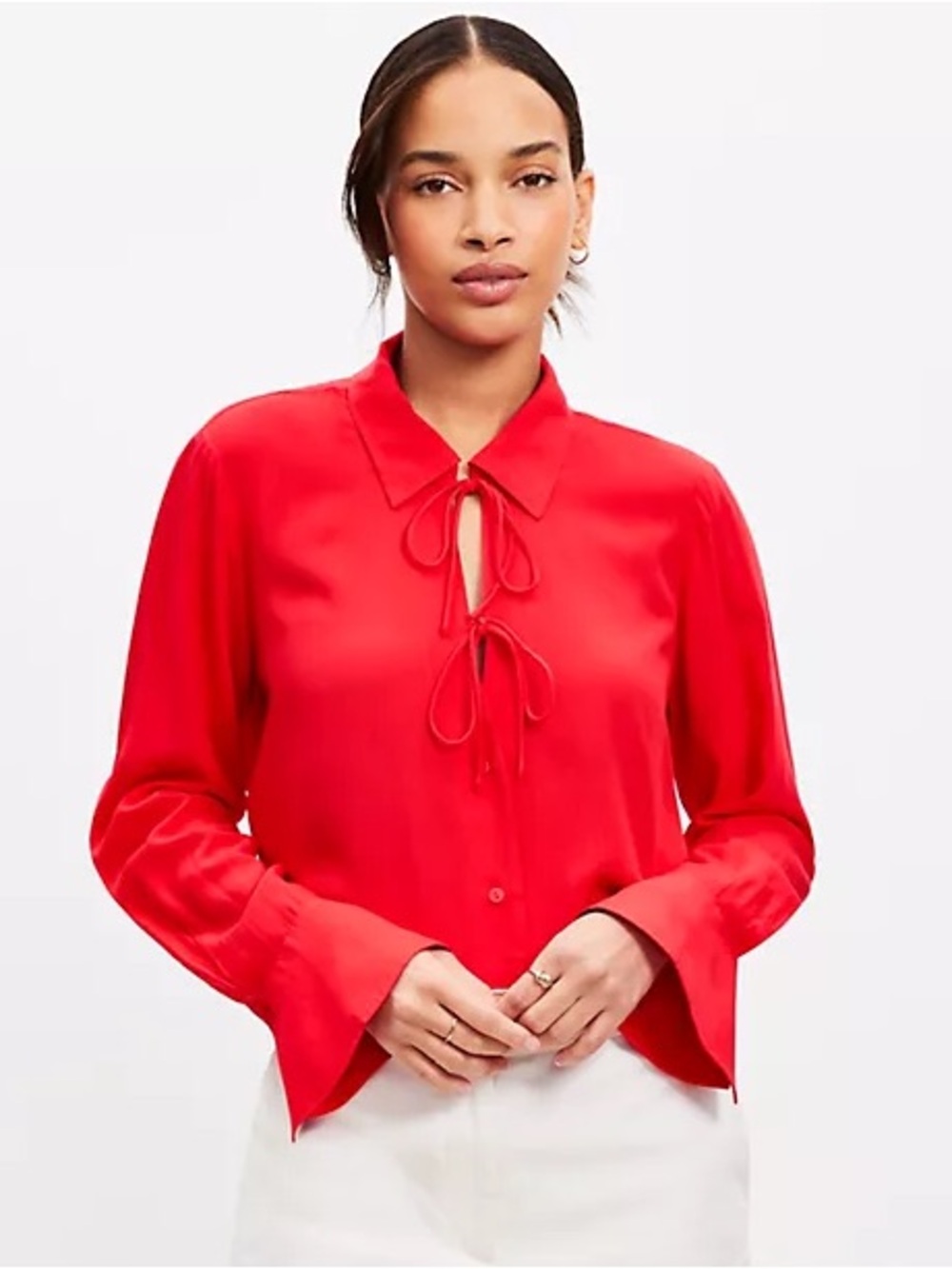 LOFT Red Tie-Neck Blouse